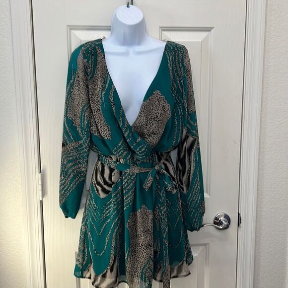 Auditions Fashion Dress V Neck Hunter Green Black Tan Animal Print Mini Belt Inc - Picture 1 of 10